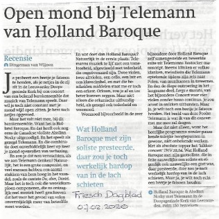 Open mond bij Telemann van Holland Baroque (Friesch Dagblad (07-02-2020)